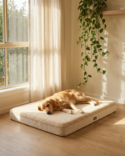 Dog stretched out on The Linen Mat cream boucle dog mat | PawHaus Co