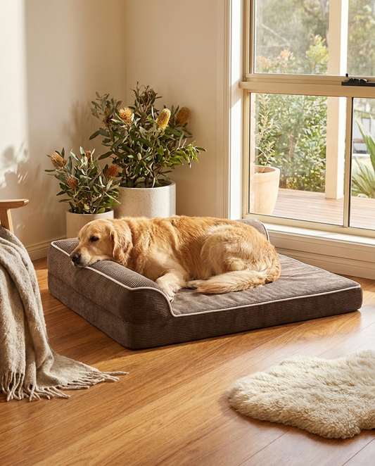 Large dog resting on The Grand coffee corduroy orthopedic dog bed | PawHaus Co |c:Coffee
