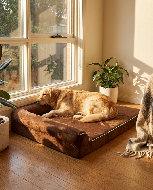 Large dog resting on The Velvet Cushion brown velvet dog bed | PawHaus Co |c:Coffee