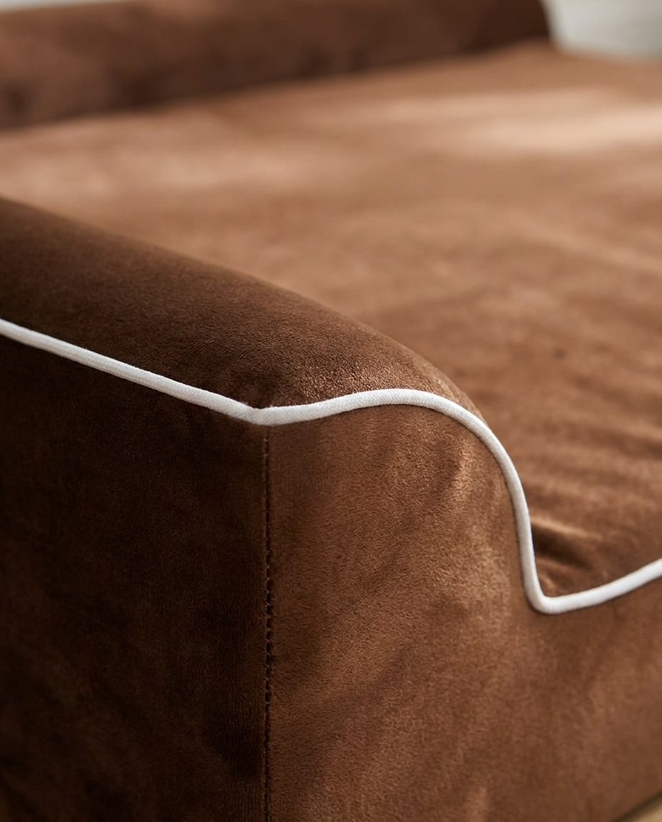 Brown velvet and bolster detail of The Velvet Cushion | PawHaus Co |c:Coffee