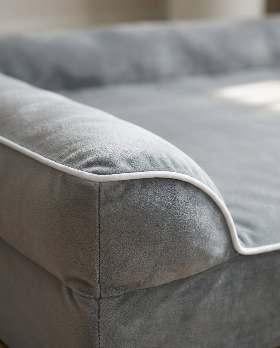 Grey velvet and bolster detail of The Velvet Cushion | PawHaus Co |c:Grey