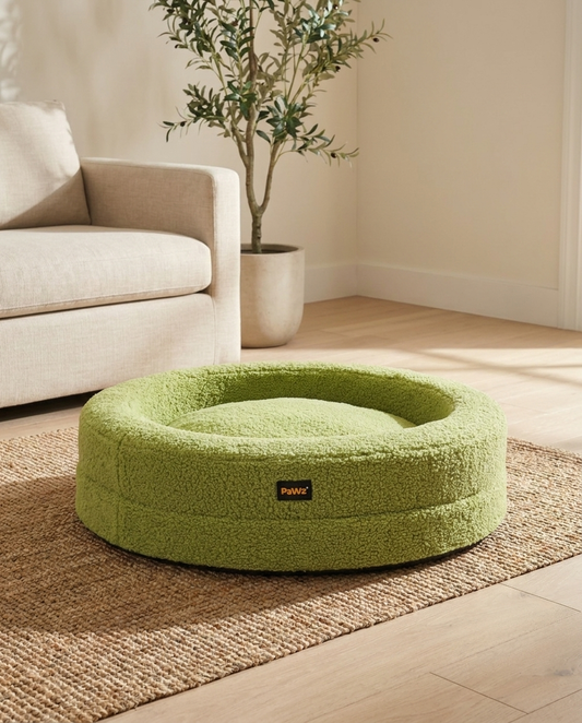 The Calming Nest sage green plush shag round nest dog bed | PawHaus Co |c:Sage Green