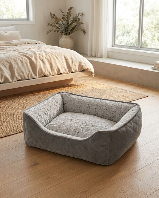 The Quilted Bolster grey plush bolster dog bed styled in a bedroom | PawHaus Co