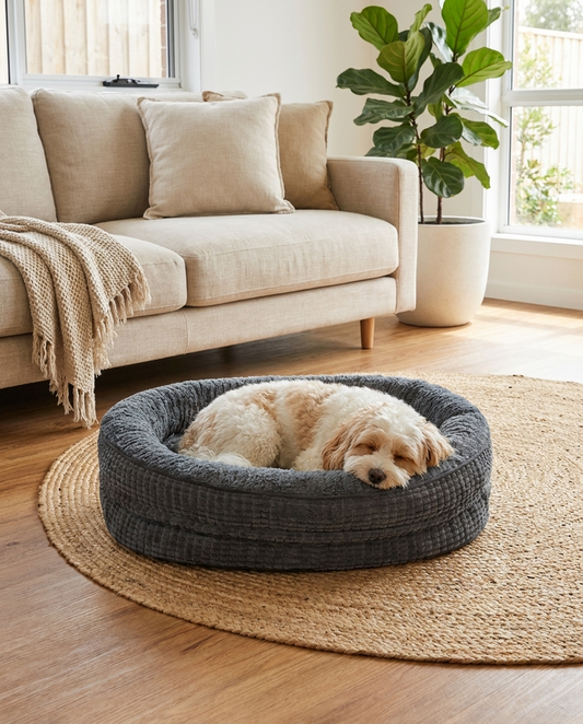 Dog curled in The Plush Nest charcoal plush oval nest dog bed | PawHaus Co