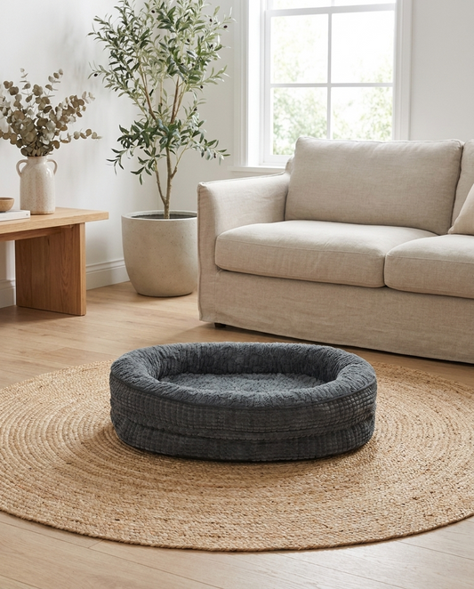 The Plush Nest charcoal plush oval nest dog bed styled in a living room | PawHaus Co