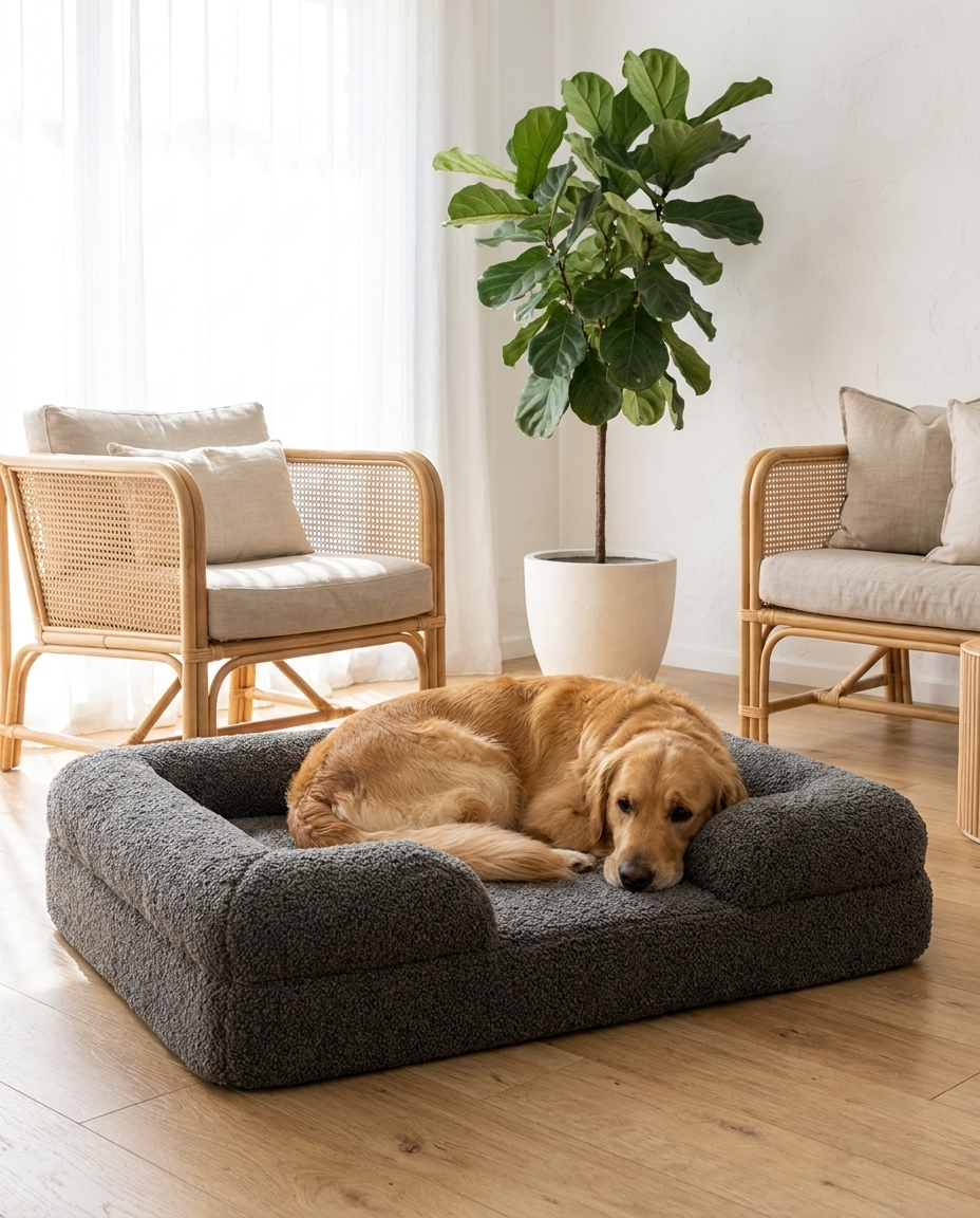 The Boucle Sofa grey boucle dog sofa bed in an airy Australian living room | PawHaus Co |c:Grey