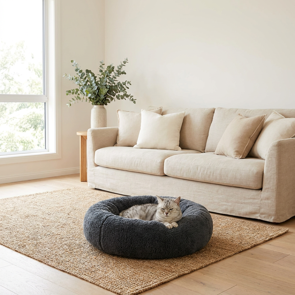 The Sherpa Donut calming cat bed |c:charcoal