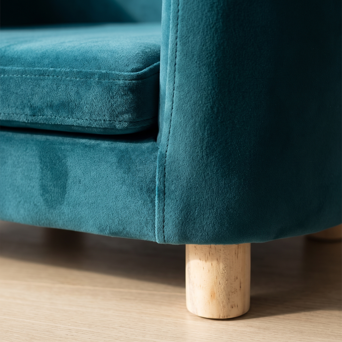 Teal velvet pile and timber leg detail of The Armchair | PawHaus Co |c:Blue