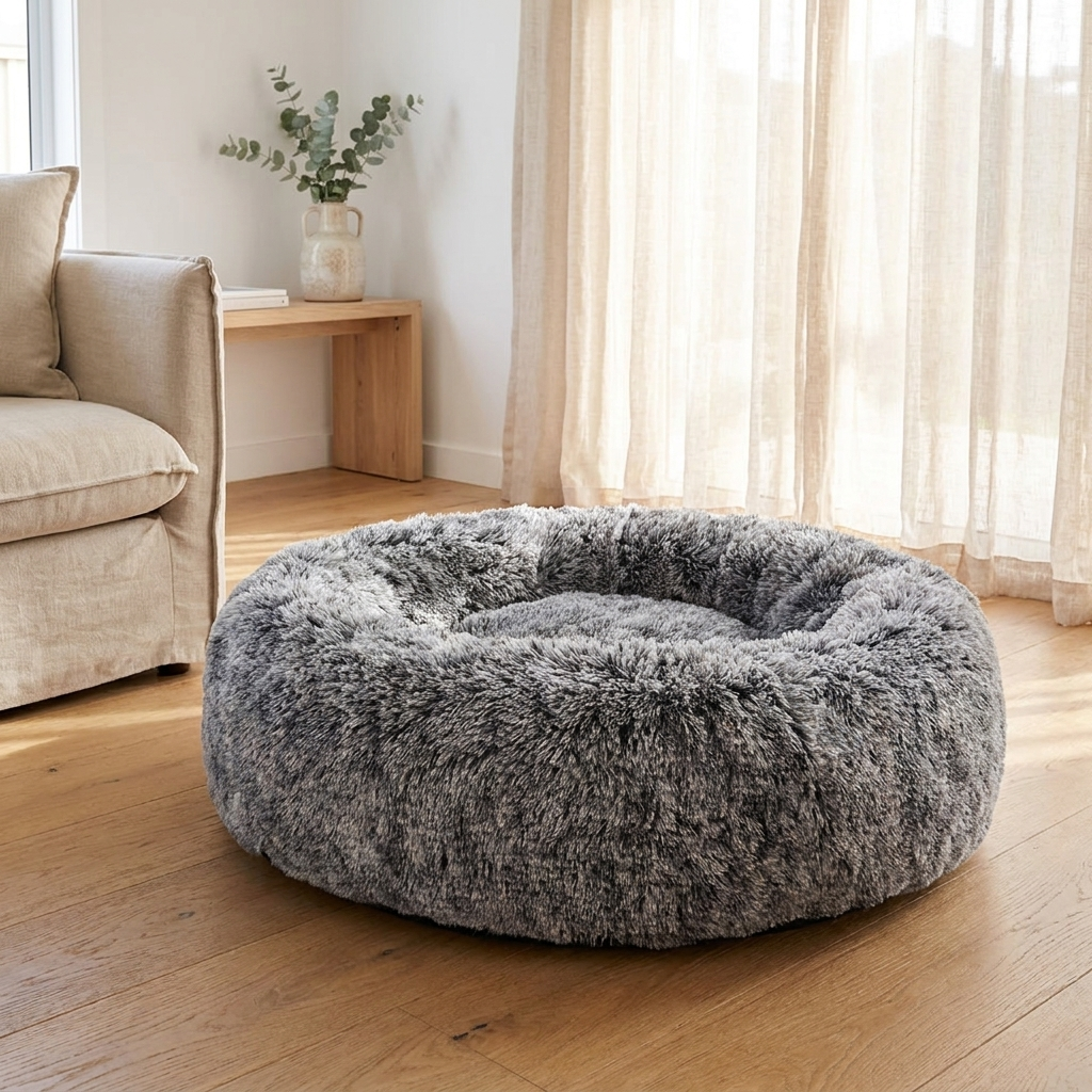 The Sherpa Nest — frosted charcoal, lifestyle | PawHaus Co premium dog bed |c:Charcoal