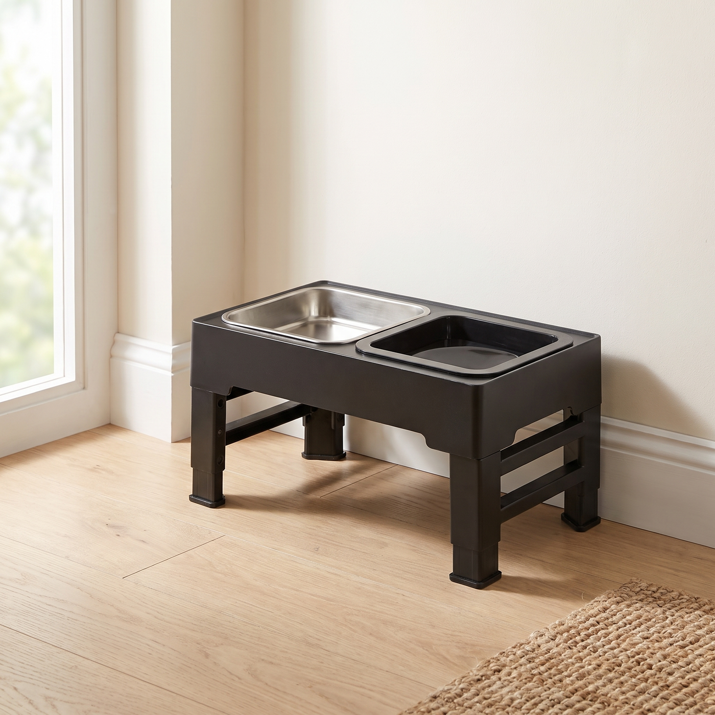 The Steady elevated pet feeder in a home, black steel frame with stainless and no-spill bowls