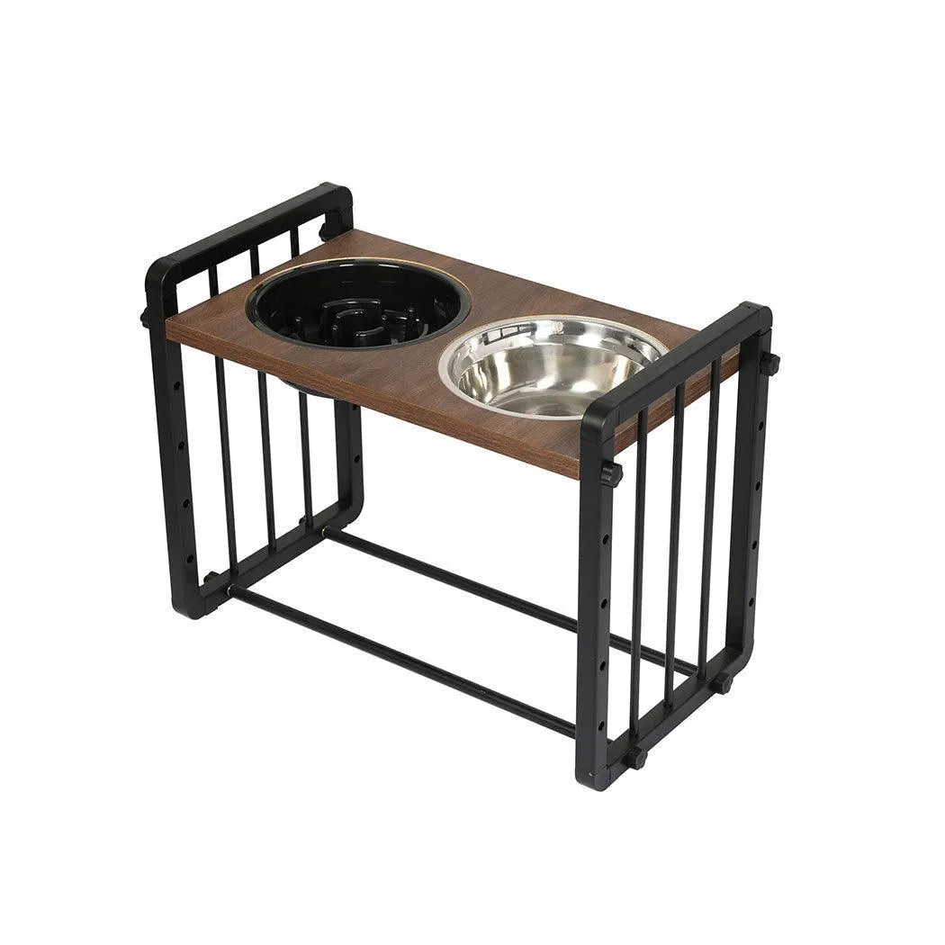 The Bistro adjustable elevated dog feeder, black steel frame with walnut-look top