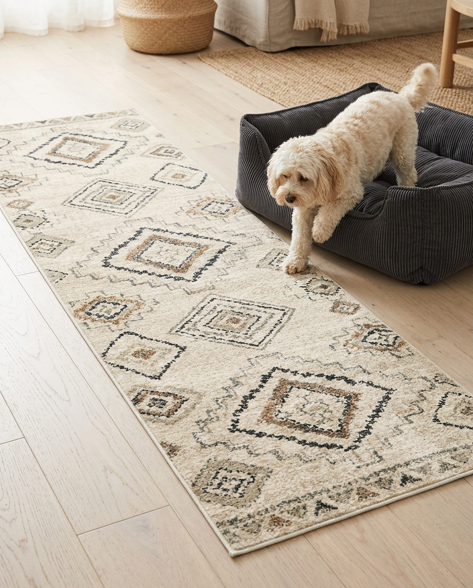 Small dog stepping from a bed onto The Runner floor rug | PawHaus Co