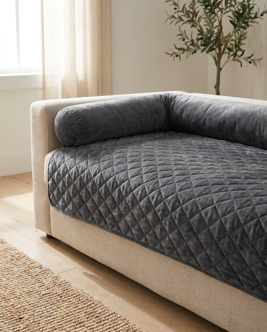 The Sofa Shield quilted charcoal couch protector on a linen sofa | PawHaus Co