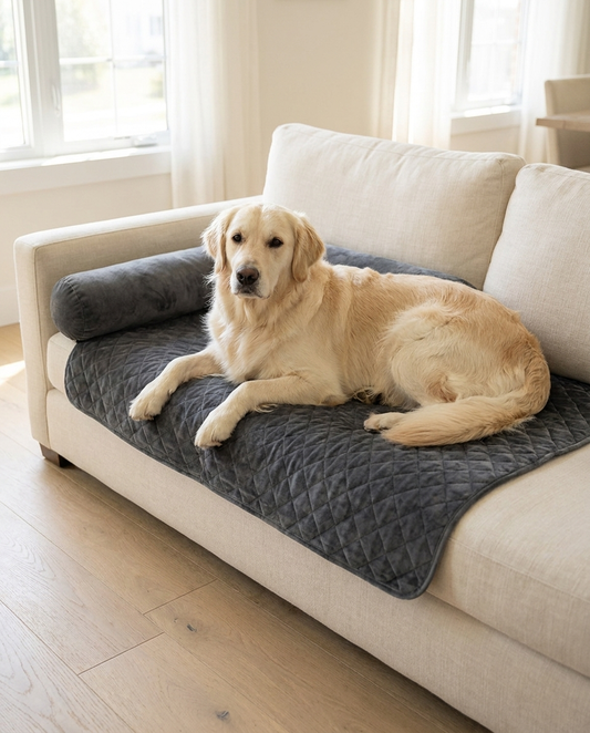 Golden retriever resting on The Sofa Shield couch protector | PawHaus Co