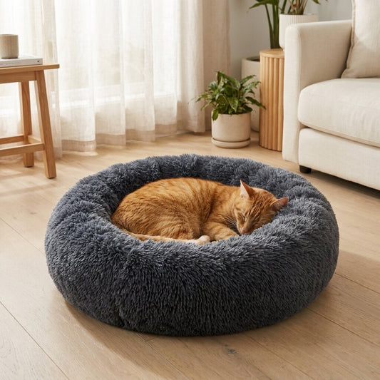 The Sherpa Donut calming cat bed |c:charcoal