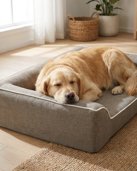 Large dog resting on The Grand coffee linen-weave orthopedic dog bed | PawHaus Co |c:Coffee