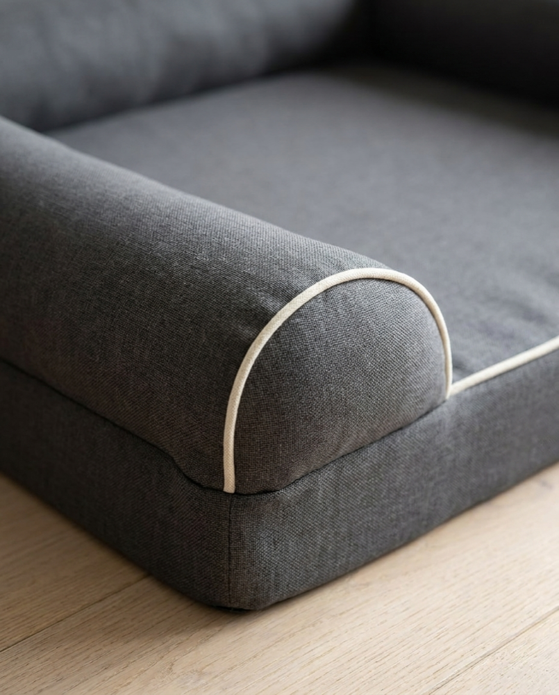 Grey linen-weave and bolster detail of The Grand | PawHaus Co |c:Grey