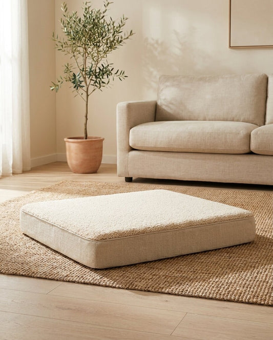 The Linen Mat cream sherpa flat dog mattress | PawHaus Co