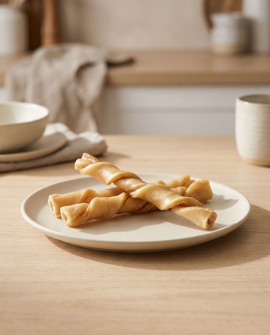 Blackdog Pork Twists natural dog chews on a ceramic plate | PawHaus Co