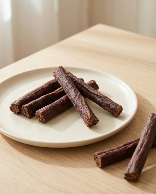 Blackdog Roo Sticks kangaroo dog chews on a ceramic plate | PawHaus Co